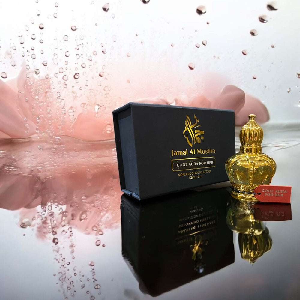 Cool Aura for Her - Refreshing Women's Perfume Oil by Jamal Al Muslim in elegant packaging with a golden bottle.