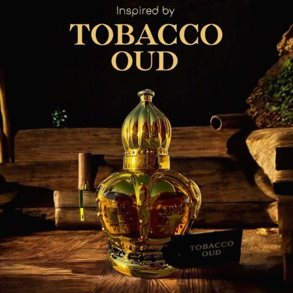 Tobacco Oud perfume bottle with elegant design on a rustic wooden surface, inspired by the rich scent of oud.