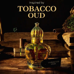 Tobacco Oud perfume bottle with elegant design on a rustic wooden surface, inspired by the rich scent of oud.