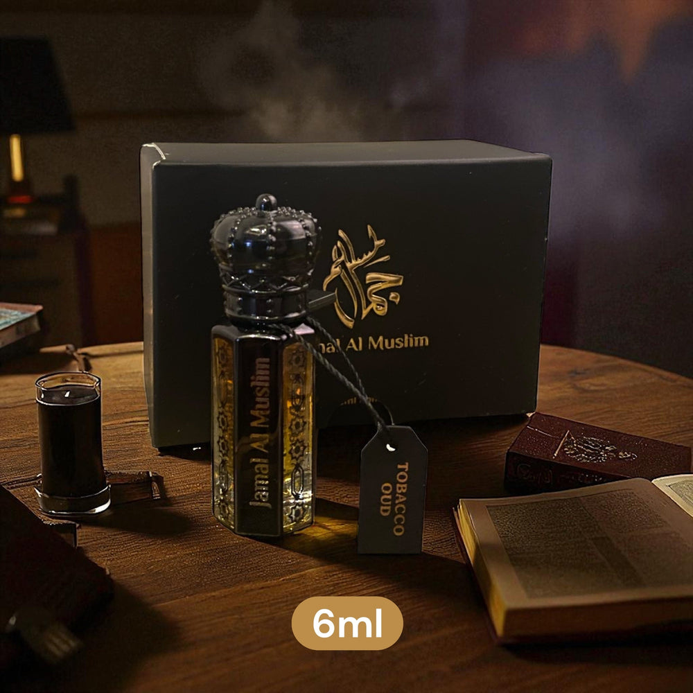 Tobacco Oud 12ml scent bottle by Jamal Al Muslim on a table with a luxurious design.
