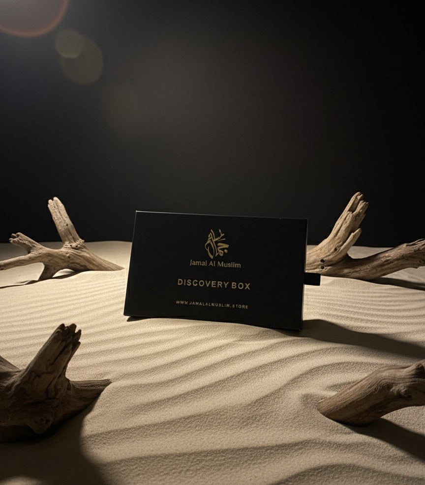 Mega Deal Musk Discovery Box displayed on sand with driftwood accents, showcasing premium concentrated musk oils.